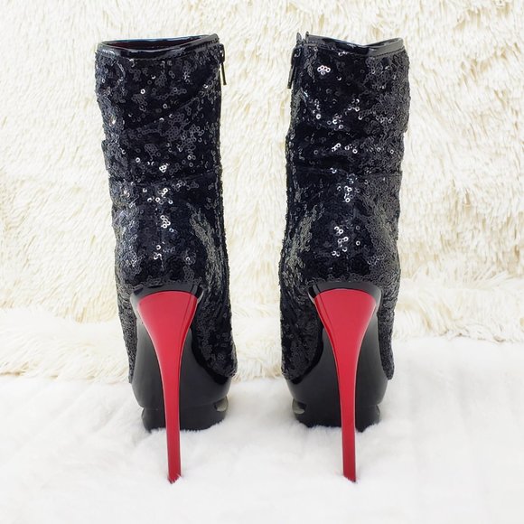 Pleaser Sexy Black Sequin Red High Heel Slouch Ankle Boots Blondie 1009 - Picture 5 of 15